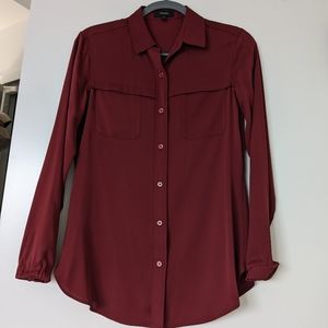 Theory Maroon Button-Front Long Sleeve Blouse